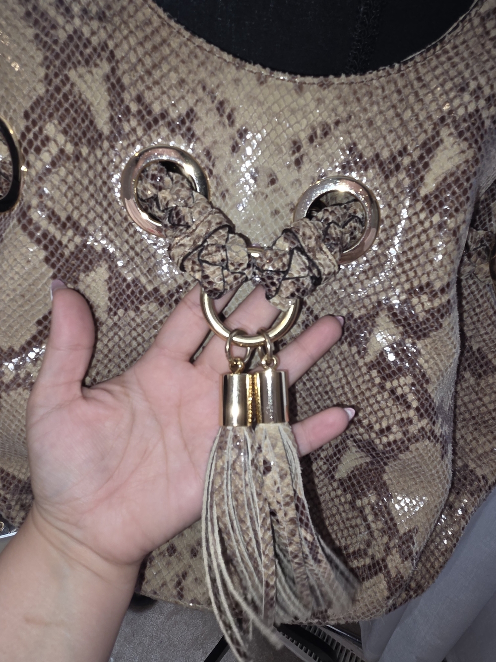 Michael Kors Taupe Snakeskin-Print Shoulder Bag with Tassel - Picture 4 of 13